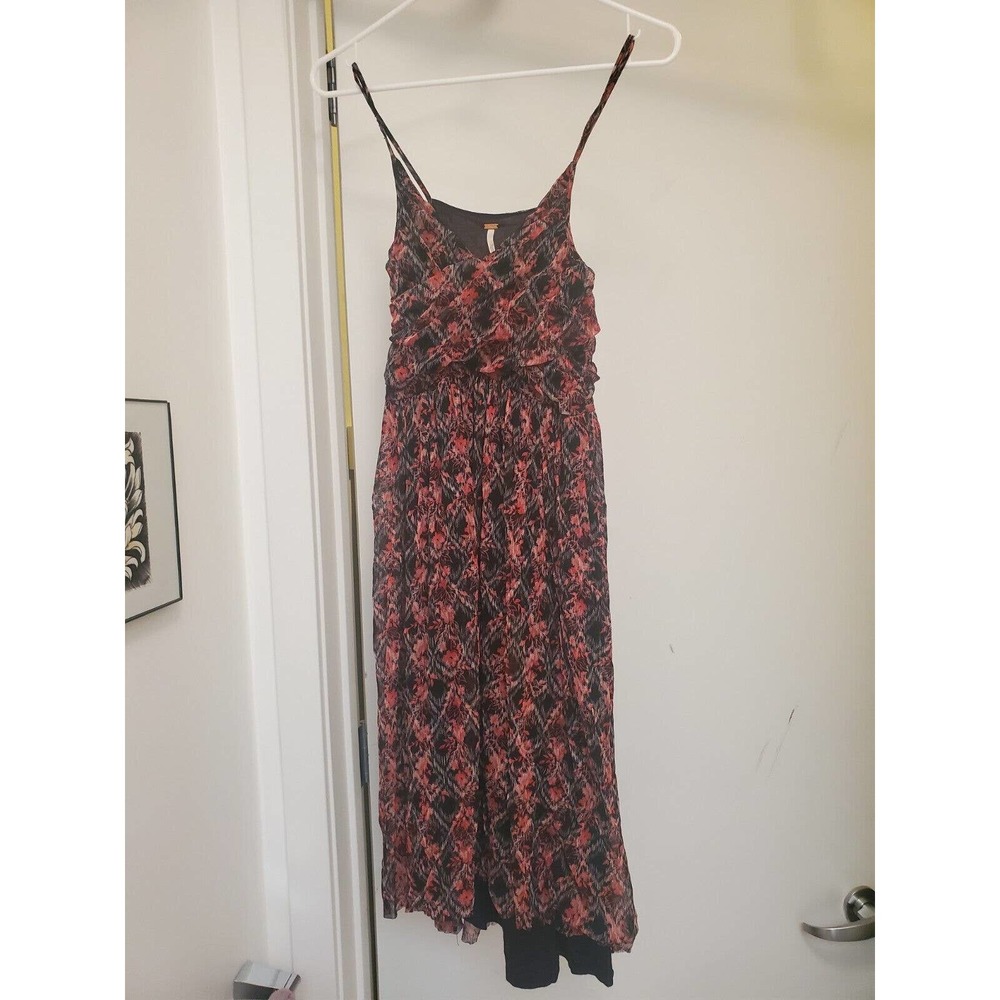 Free People Womens Black/Red Stretch Spaghetti Strap Mesh Flare Dress Sz Small